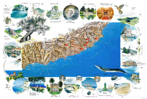 Ecco la 'Cartina d'Autore' della provincia di Imperia: il depliant turistico impreziosito dagli acquerelli di Faravelli