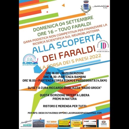 Villa Faraldi, l'associazione 'Tovo nel cuore' organizza la gara podistica per finanziare la ricerca sul neuroblastoma
